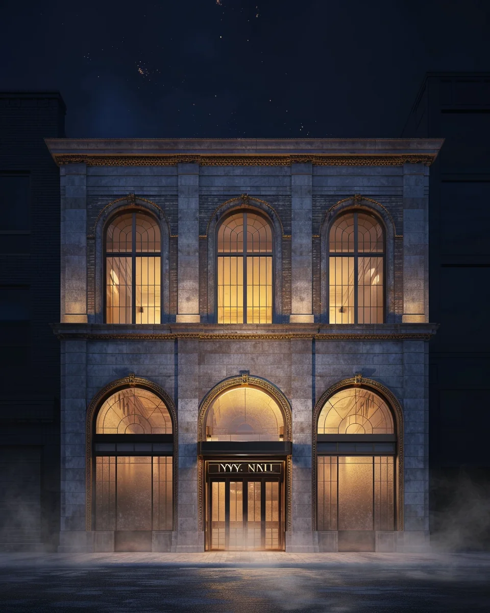 夜の照明に浮かぶ佐賀玉屋百貨店のファサード — a single lantern lifts out of night, lighting a whole town.
