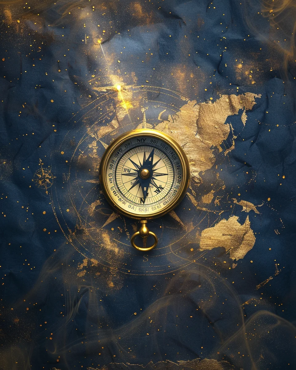 真鍮のコンパスと開かれた地図が金光に照らされる — gold light points where the night says go next.